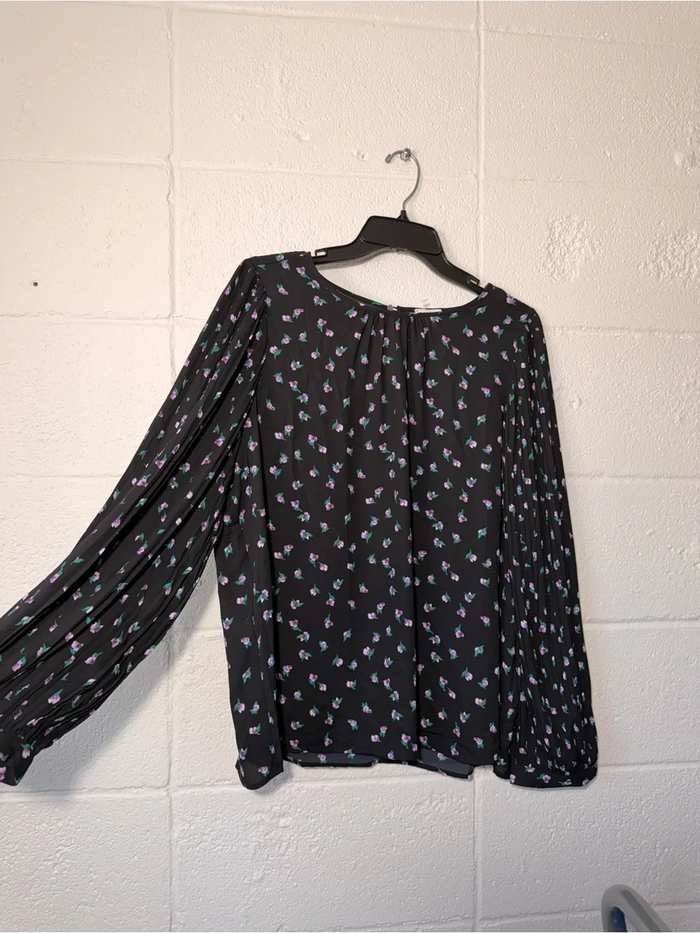 J. Crew Black Floral Pleated-Sleeve Blouse